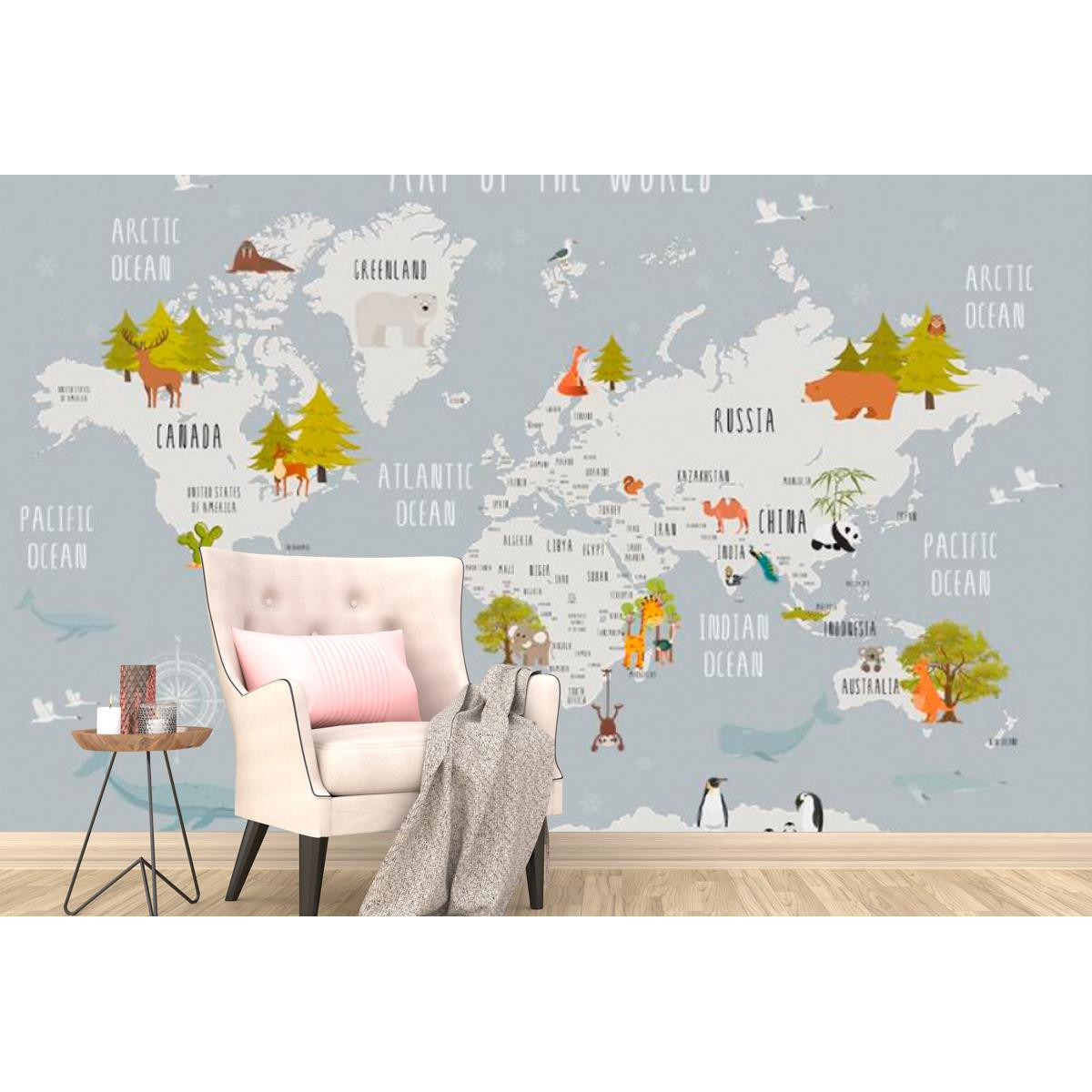 Фотошпалери Сіра карта світу з тваринами