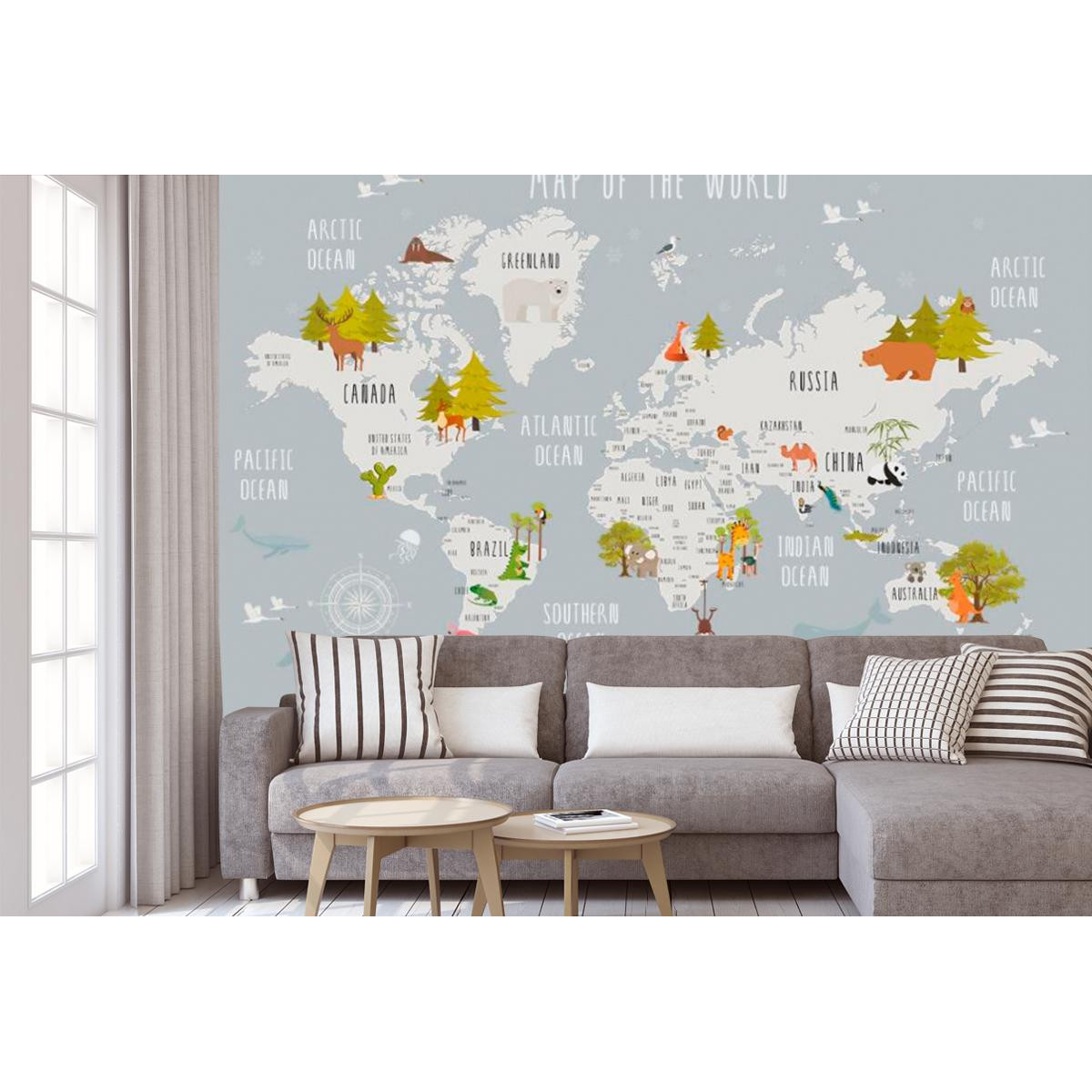 Фотошпалери Сіра карта світу з тваринами