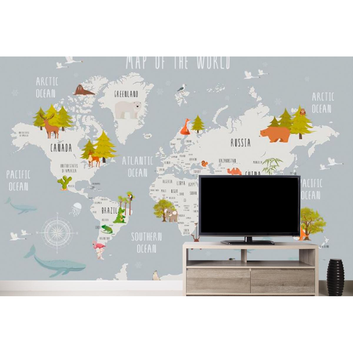 Фотошпалери Сіра карта світу з тваринами