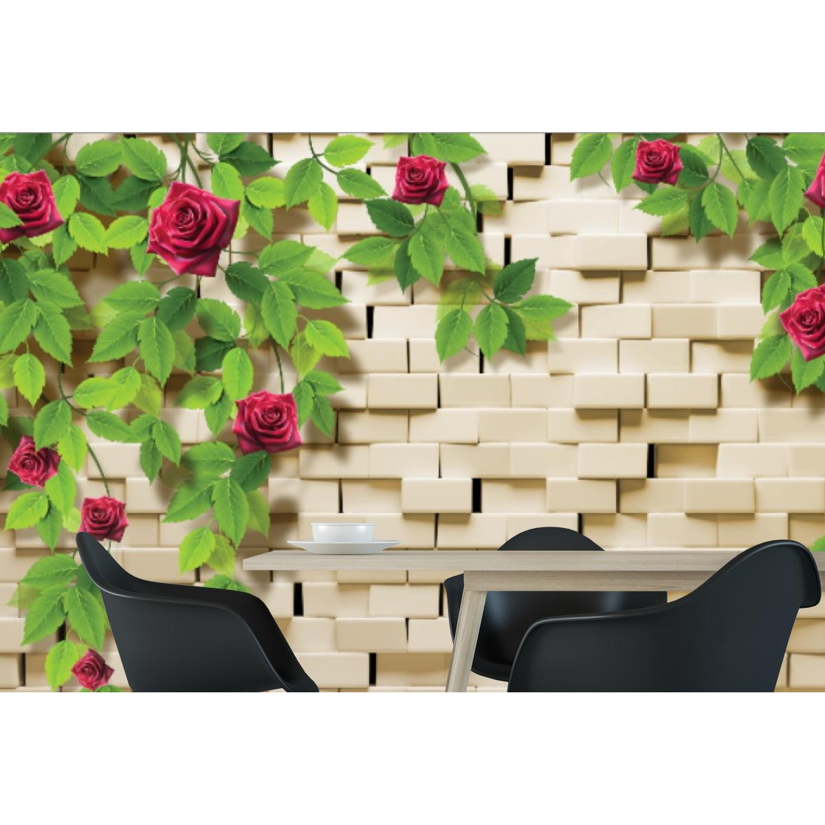 Фотообои 3Д вьющиеся розы на кирпичной стене