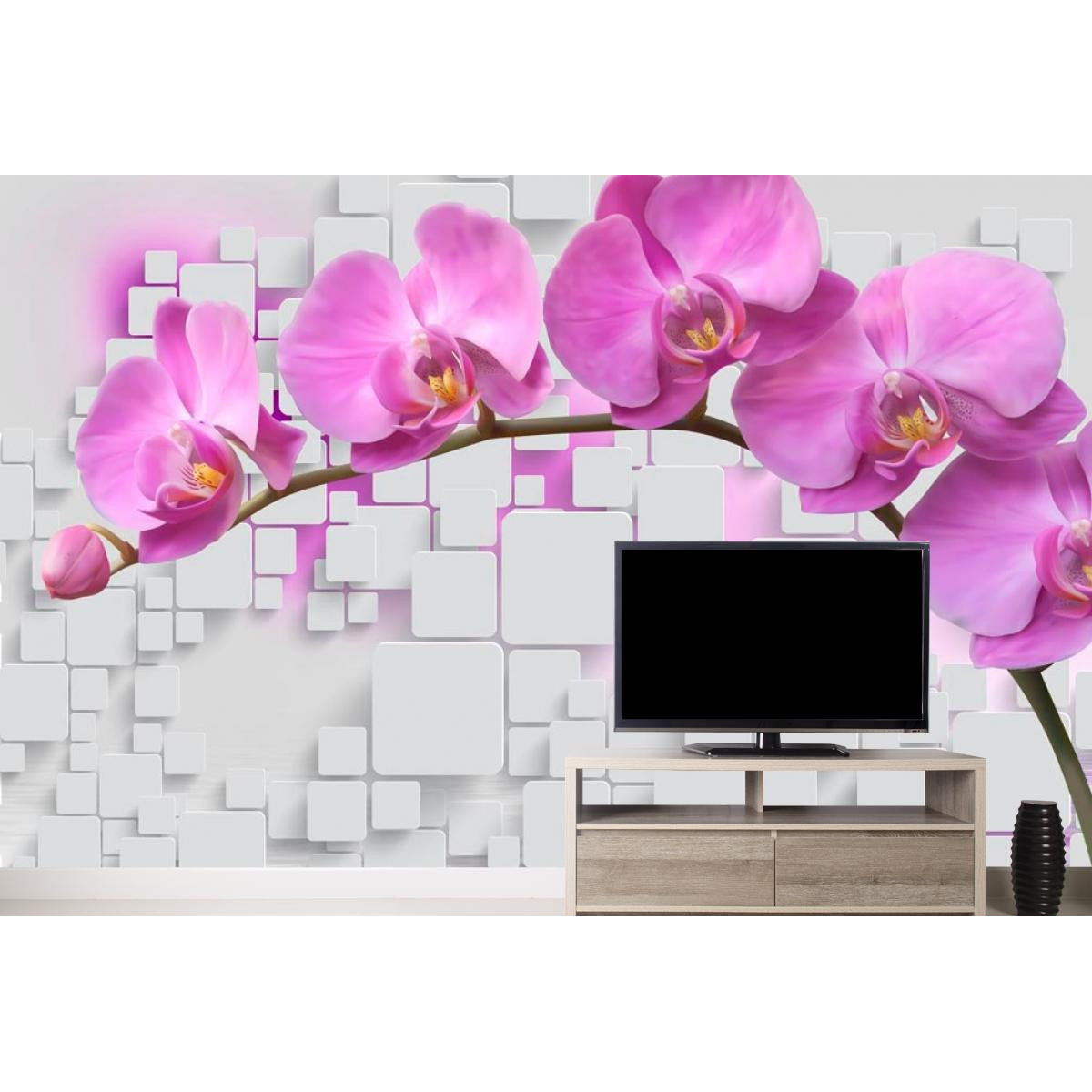Фотообои 3Д белые пазлы, розовая орхидея