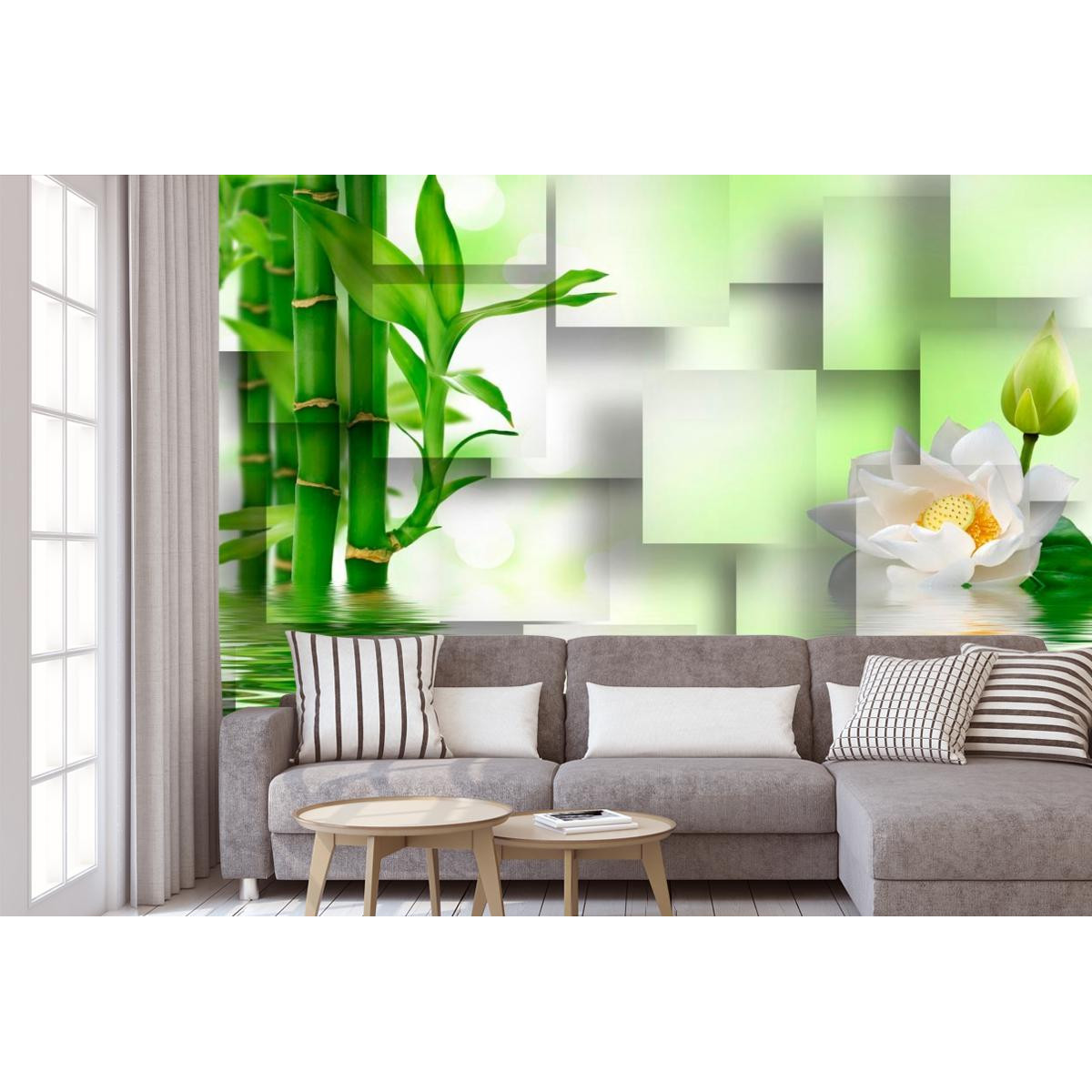 Фотообои 3Д бамбук, лотос, стена из квадратов