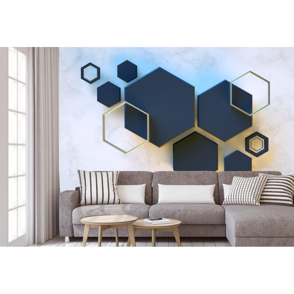 Фотообои 3Д черные шестиугольники на стене