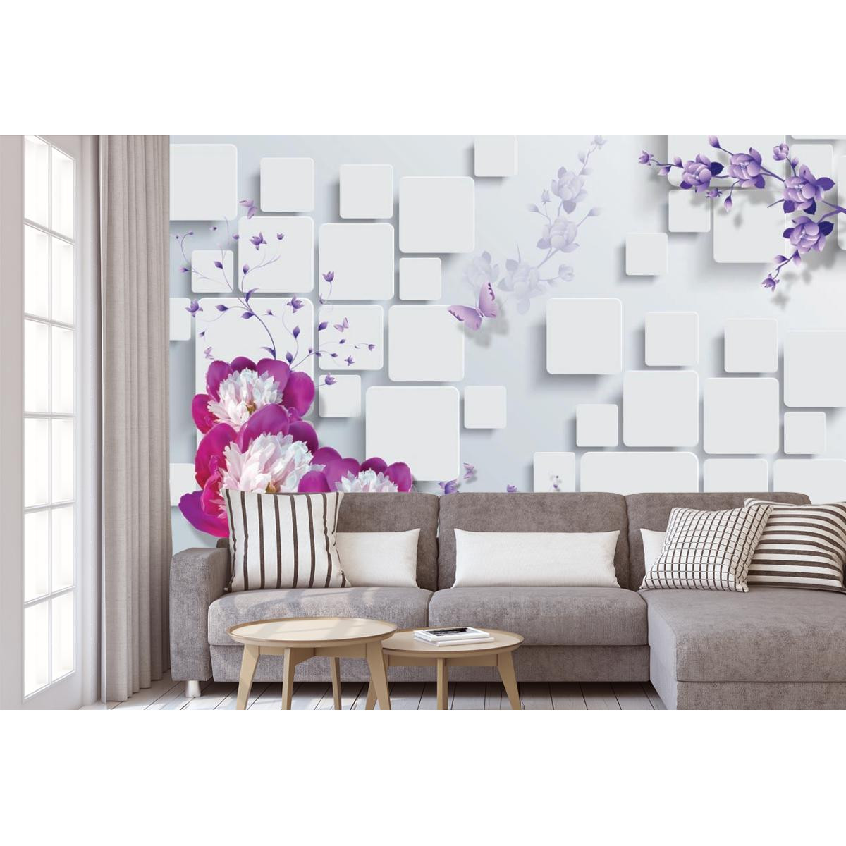 Фотообои 3Д рельефные кубики, бабочки, стена, цветы
