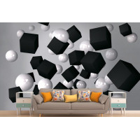 Фотошпалери 3Д білі кулі, чорні куби на сірій стіні