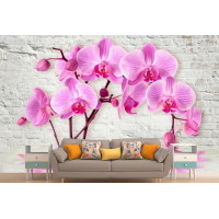 Фотообои 3Д нежные орхидеи на серой кирпичной стене
