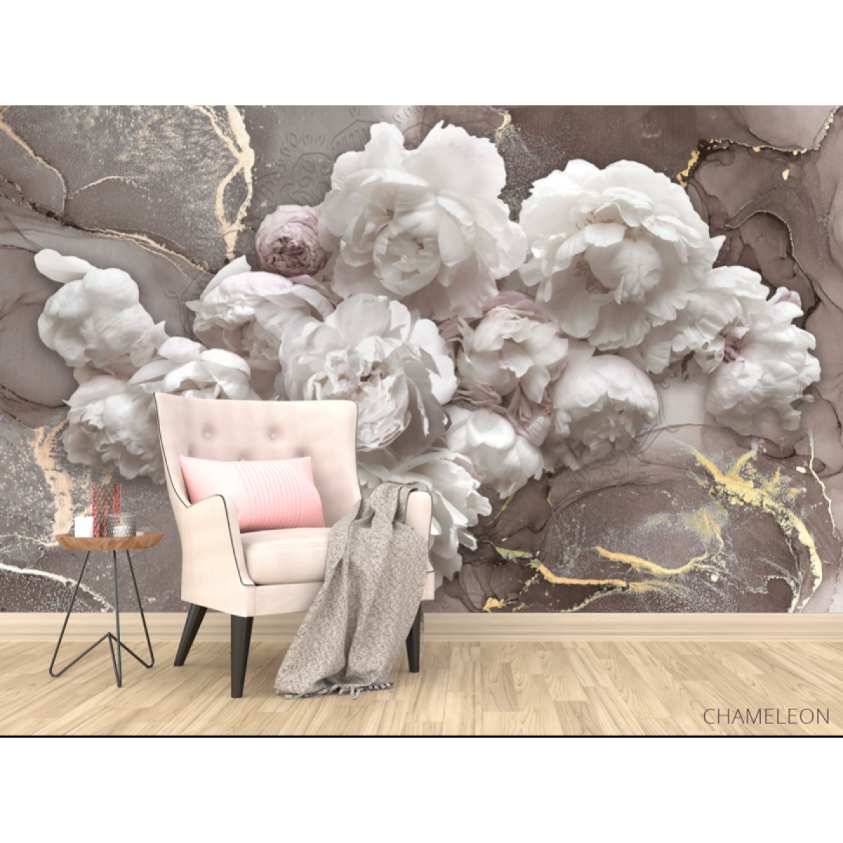 Фотообои Белые пионы с коричневым флюидом