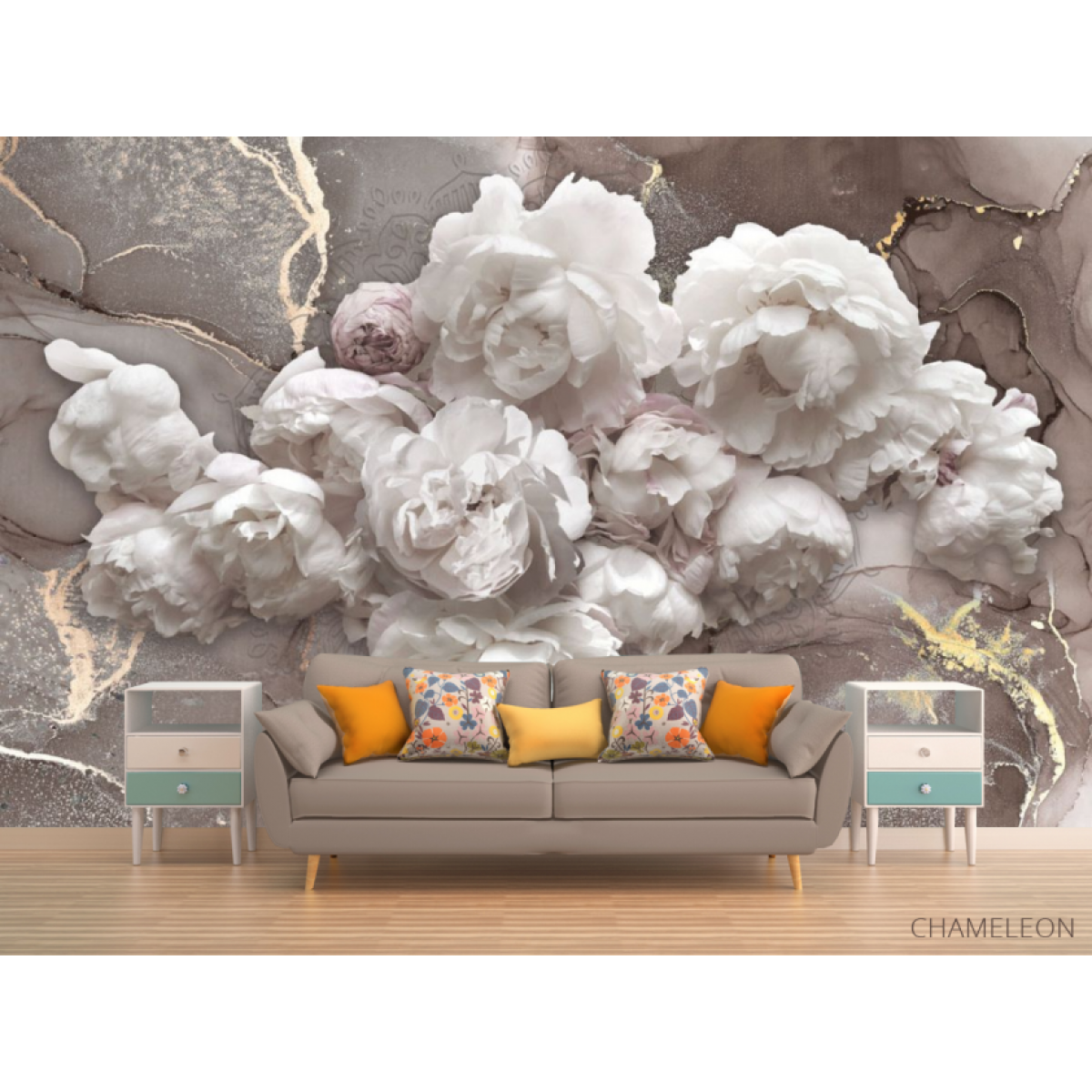 Фотообои Белые пионы с коричневым флюидом